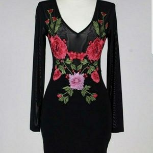Rose Flowers Embroidered Black Sheer Dress